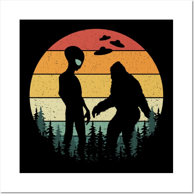 Retro Alien And Bigfoot Ufos Wall Art by Tesszero